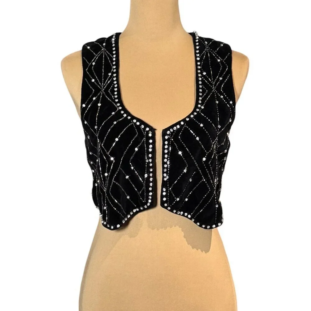 ZARA Black Velvet Waistcoat With Rhinestones Sz XS Vest Whimsigoth Boho Glam - Picture 7 of 16